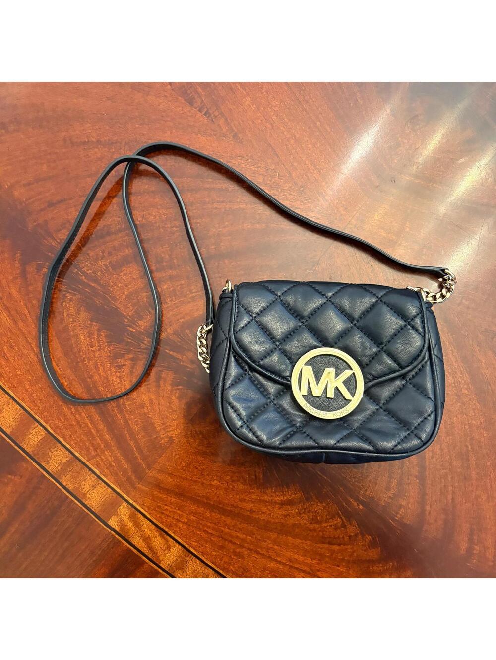 Michael Kors Black Quilted Leather Crossbody Bag With Gold Logo